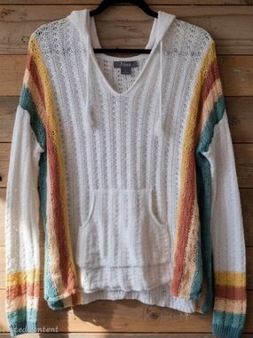 Natural Reflections Retro Stripe Open Knit Hoodie Sweater – Size Medium.